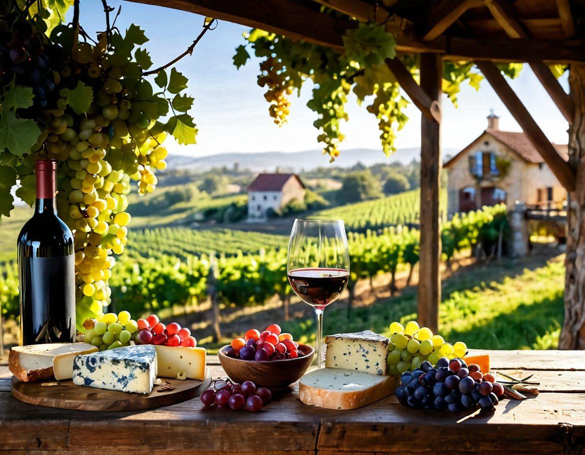 A lush vineyard landscape featuring ripe grapes hanging from vines, with a picturesque winery in the background. A sophisticated wine glass filled with rich red wine sits on a rustic wooden table, surrounded by an array of local cheeses and fruits. Sunlight casts a warm glow over the scene, emphasizing the colors and textures of the wine and food. Include charming details like a wine cork and tasting notes nearby. vibrant colors. realistic textures. natural lighting.
