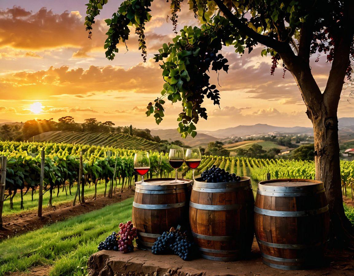 A picturesque vineyard in Honduras, featuring lush grapevines under a golden sunset sky, with barrels of wine stacked nearby. In the foreground, a wine glass filled with deep red wine reflects the vibrant colors of the sunset. A pair of knowledgeable winemakers is elegantly discussing the intricacies of winemaking, surrounded by tropical flora. The scene captures the essence of craftsmanship and flavor discovery. super-realistic. vibrant colors. scenic background.