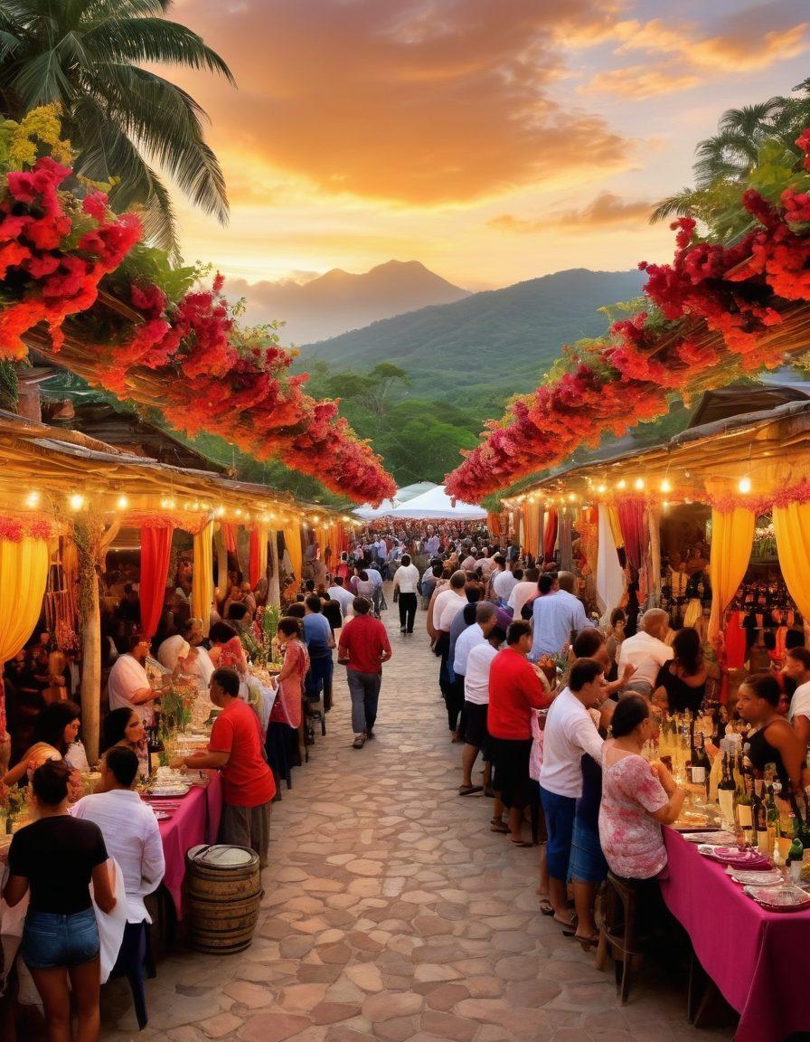 A vibrant scene of a bustling wine festival in Honduras, featuring colorful stalls showcasing local wines, with people of various backgrounds toasting with glasses filled with deep red and white wines. Rustic decorations adorned with tropical flowers should emphasize the cultural aspect, while a sunset in the background casts a warm, inviting glow. Include traditional music dancers in vivid costumes, creating an atmosphere of celebration and joy. super-realistic. vibrant colors. cultural richness.